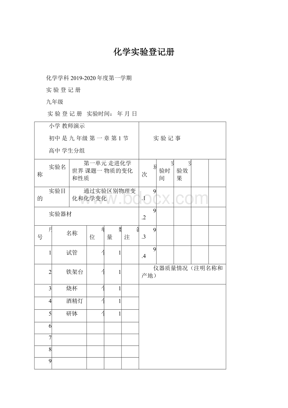 化学实验登记册Word文档下载推荐.docx