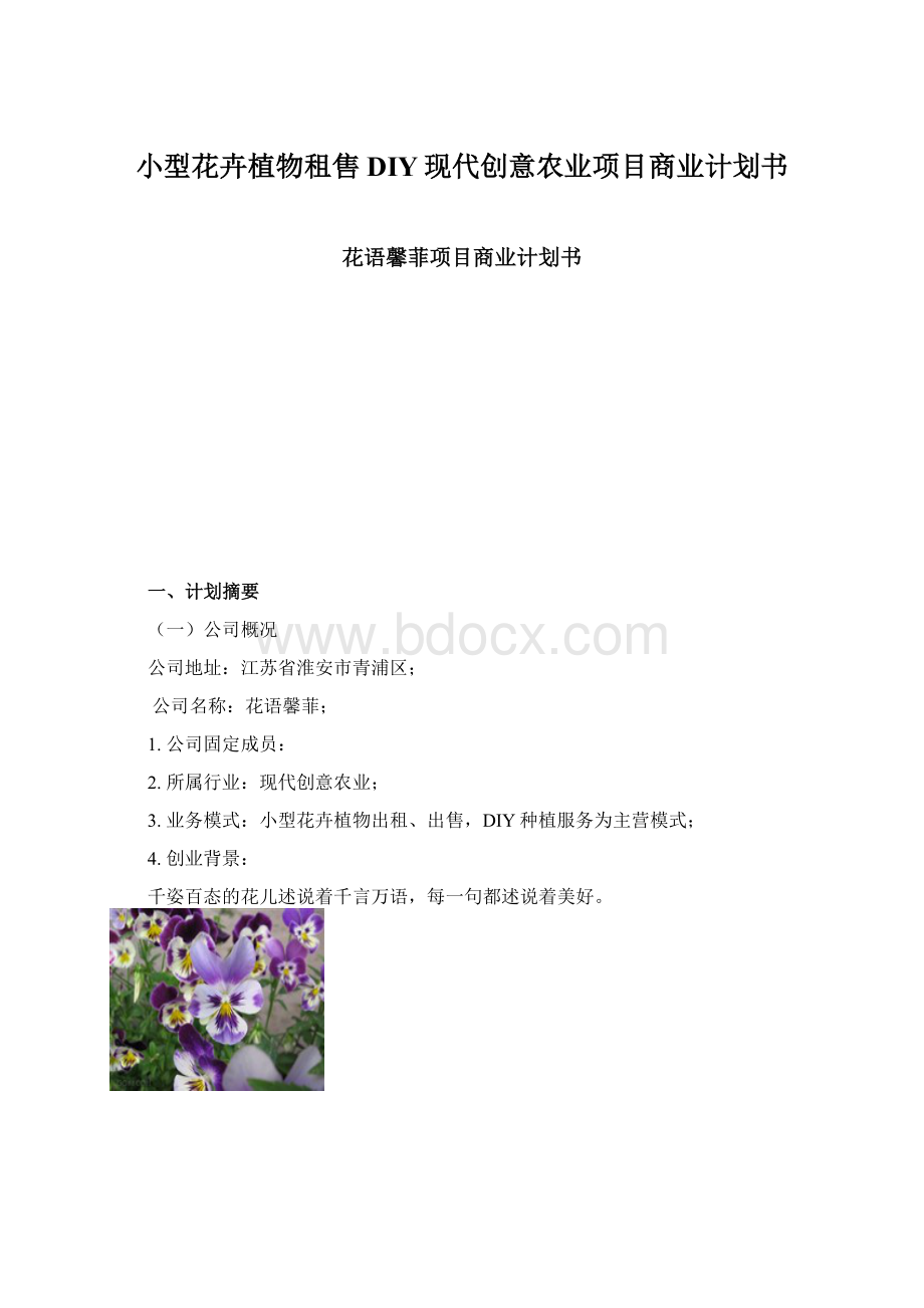 小型花卉植物租售DIY现代创意农业项目商业计划书Word文件下载.docx_第1页