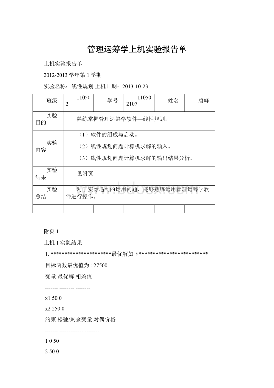 管理运筹学上机实验报告单Word下载.docx