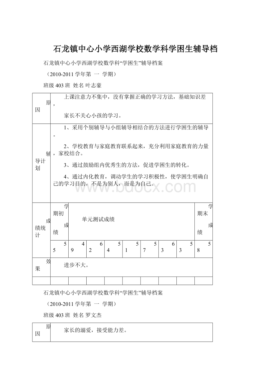 石龙镇中心小学西湖学校数学科学困生辅导档.docx