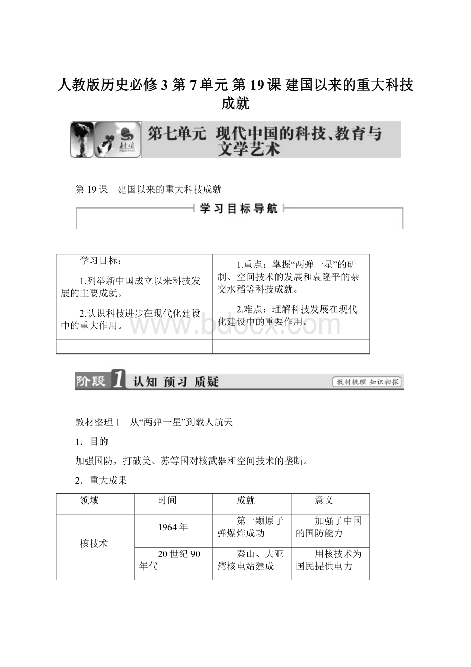 人教版历史必修3 第7单元 第19课 建国以来的重大科技成就.docx