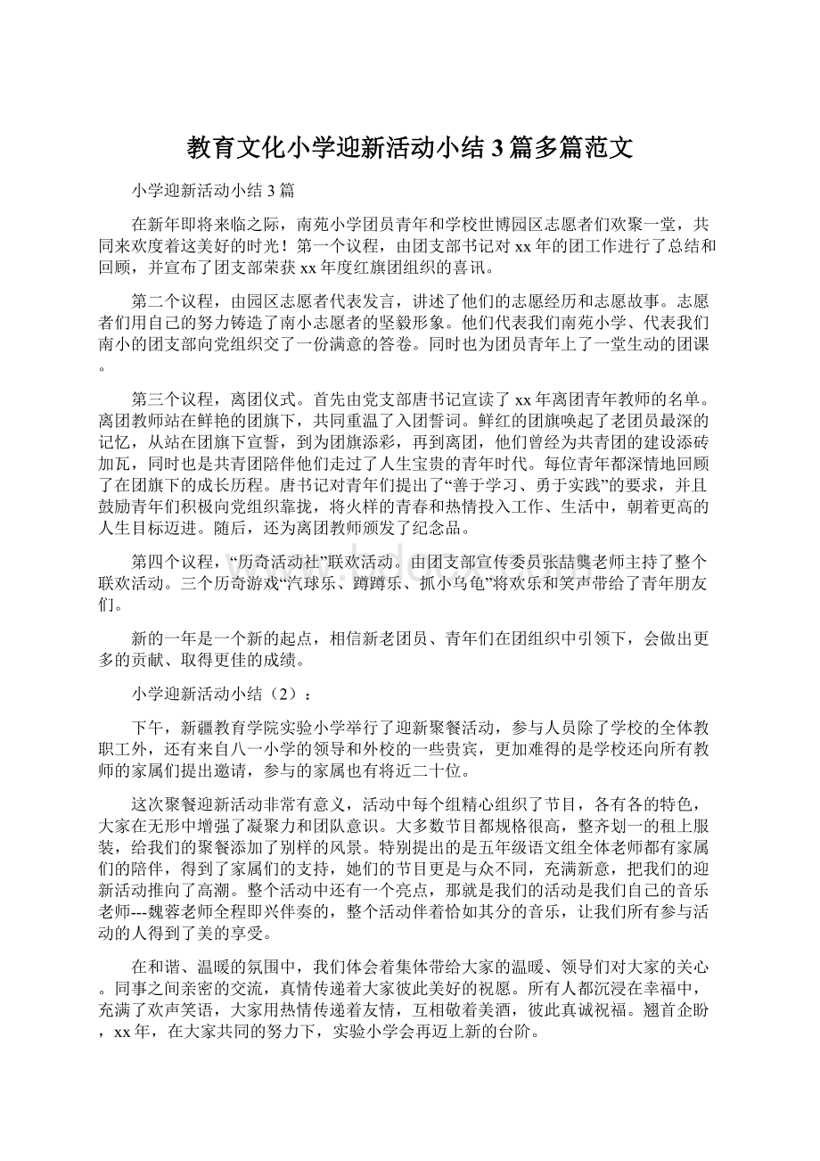 教育文化小学迎新活动小结3篇多篇范文Word格式.docx