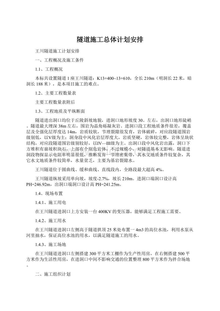 隧道施工总体计划安排文档格式.docx