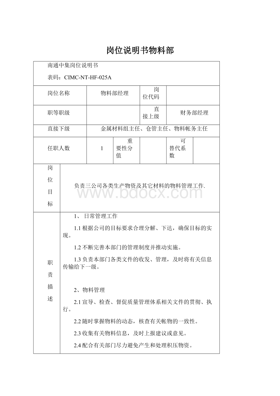 岗位说明书物料部.docx