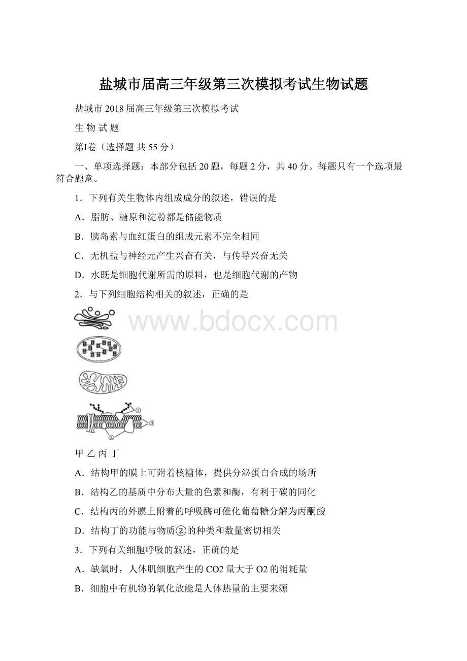 盐城市届高三年级第三次模拟考试生物试题.docx_第1页