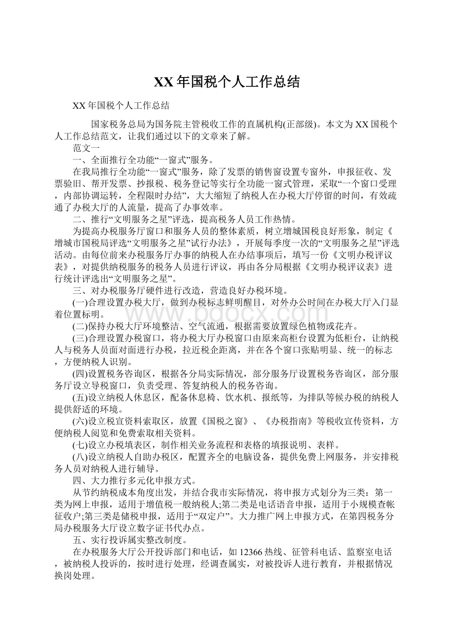 XX年国税个人工作总结Word格式文档下载.docx