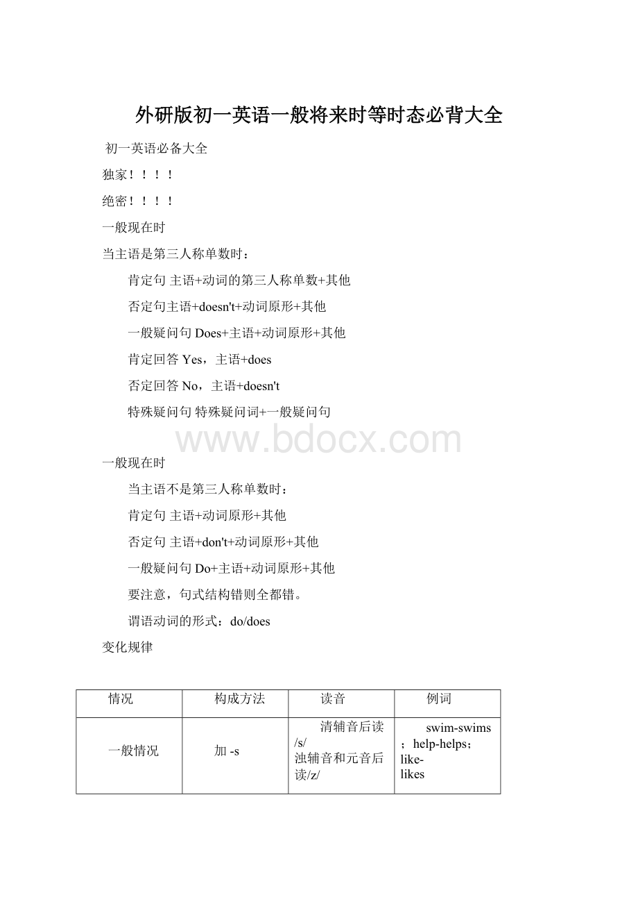 外研版初一英语一般将来时等时态必背大全文档格式.docx