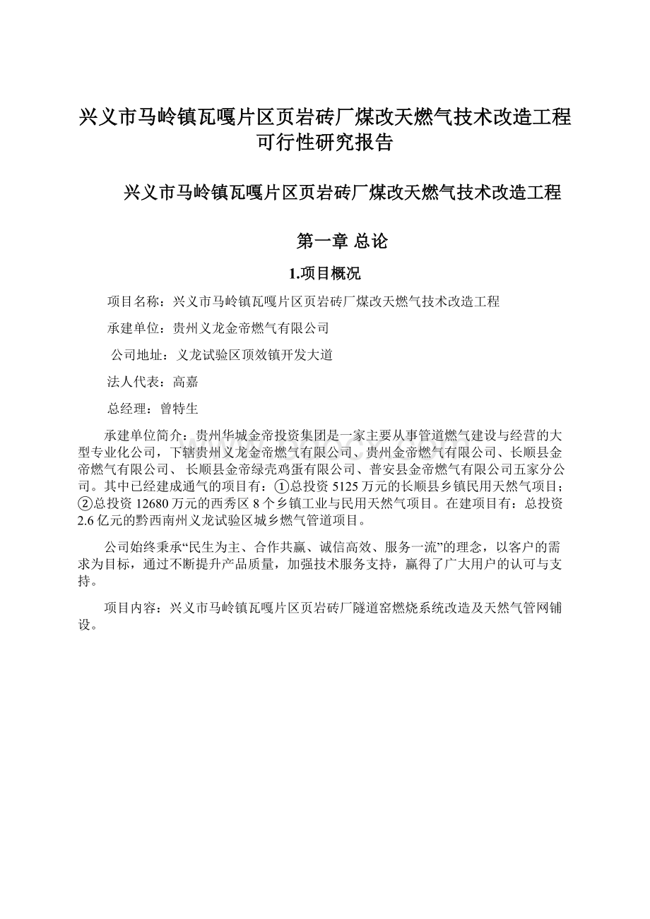 兴义市马岭镇瓦嘎片区页岩砖厂煤改天燃气技术改造工程可行性研究报告Word文档格式.docx