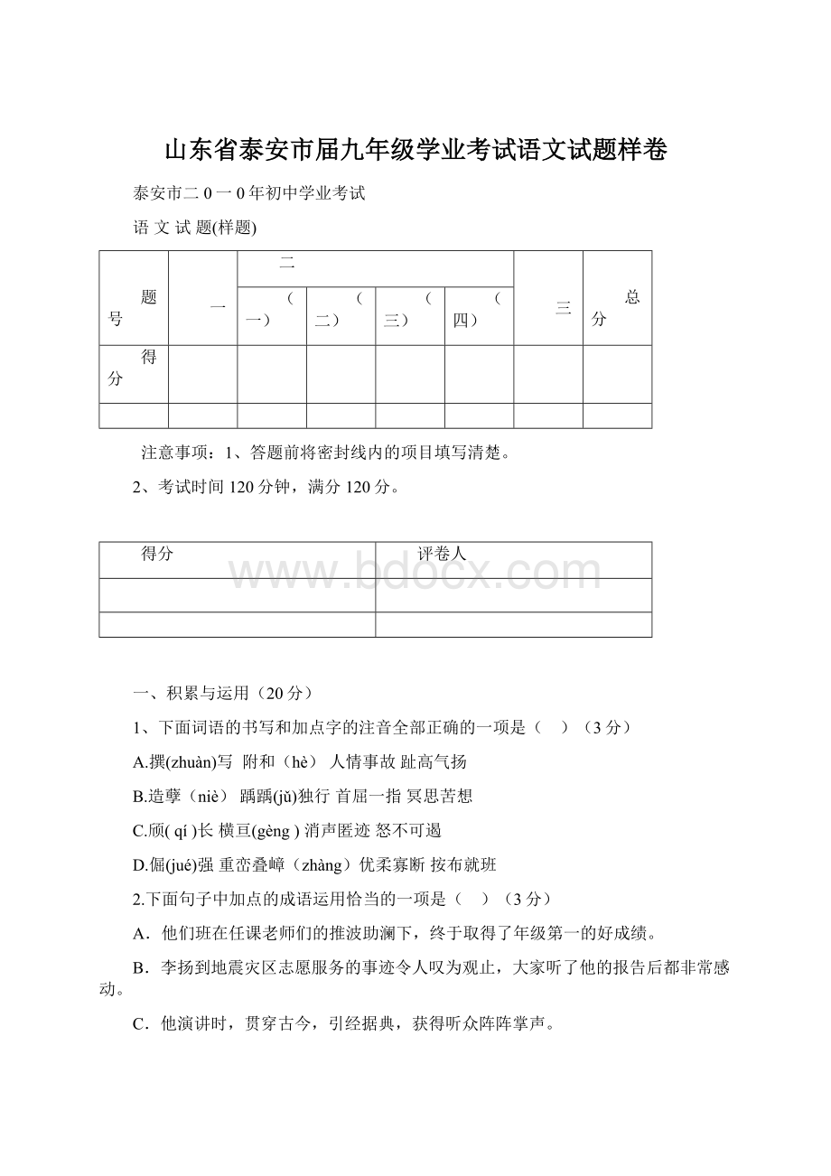 山东省泰安市届九年级学业考试语文试题样卷.docx