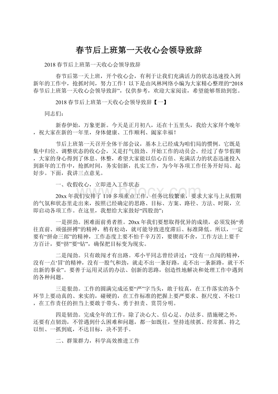 春节后上班第一天收心会领导致辞文档格式.docx_第1页