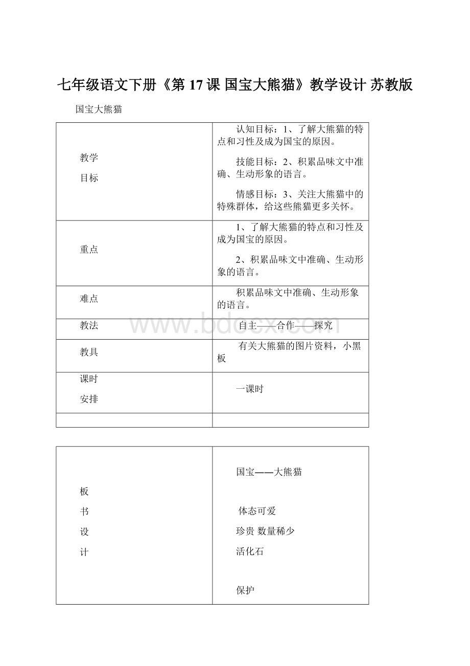 七年级语文下册《第17课 国宝大熊猫》教学设计 苏教版文档格式.docx