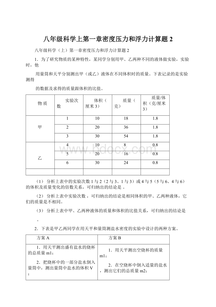 八年级科学上第一章密度压力和浮力计算题2.docx