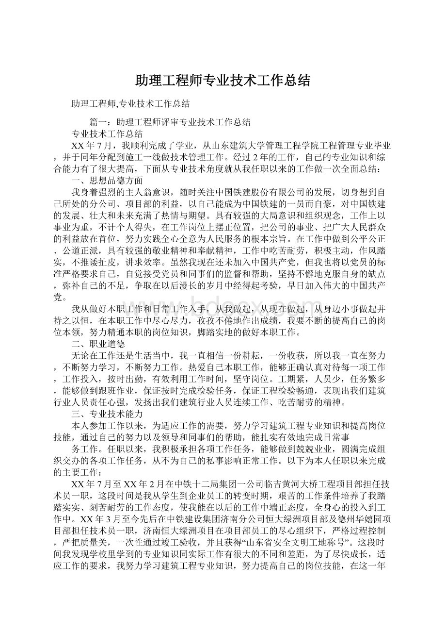 助理工程师专业技术工作总结文档格式.docx_第1页