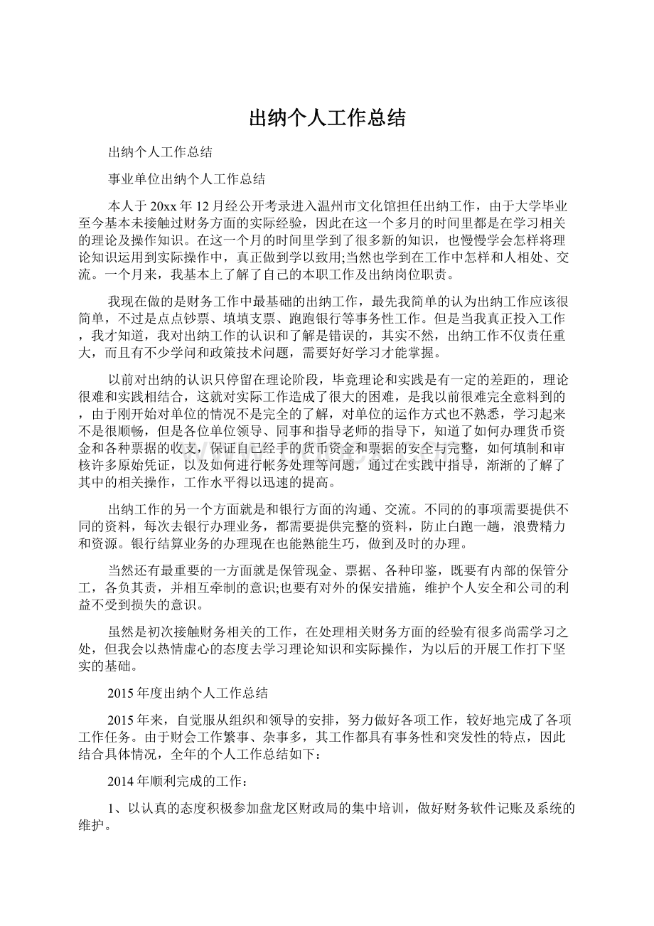 出纳个人工作总结Word文档下载推荐.docx_第1页