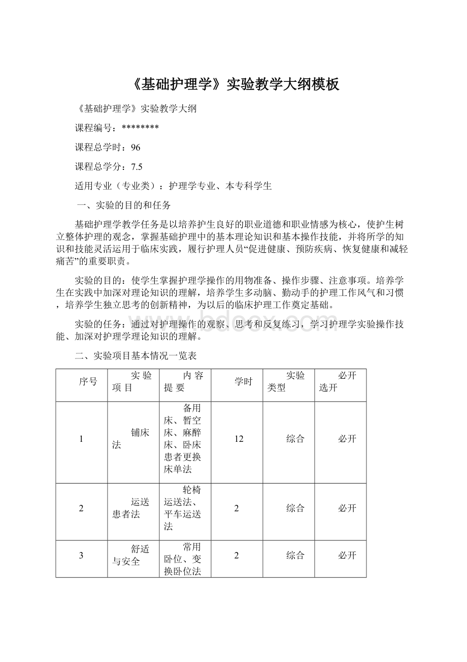 《基础护理学》实验教学大纲模板Word文件下载.docx_第1页