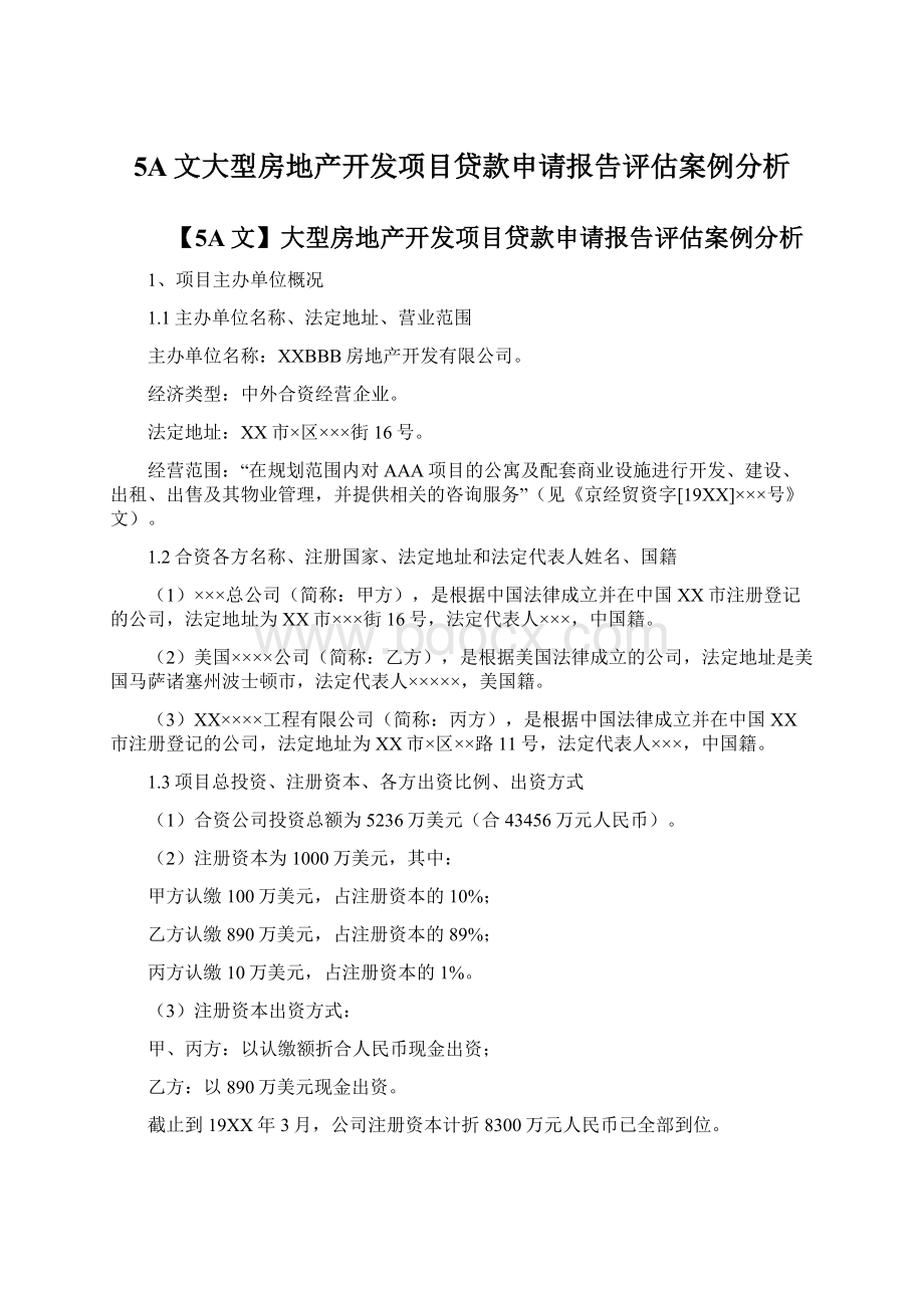 5A文大型房地产开发项目贷款申请报告评估案例分析Word格式文档下载.docx_第1页