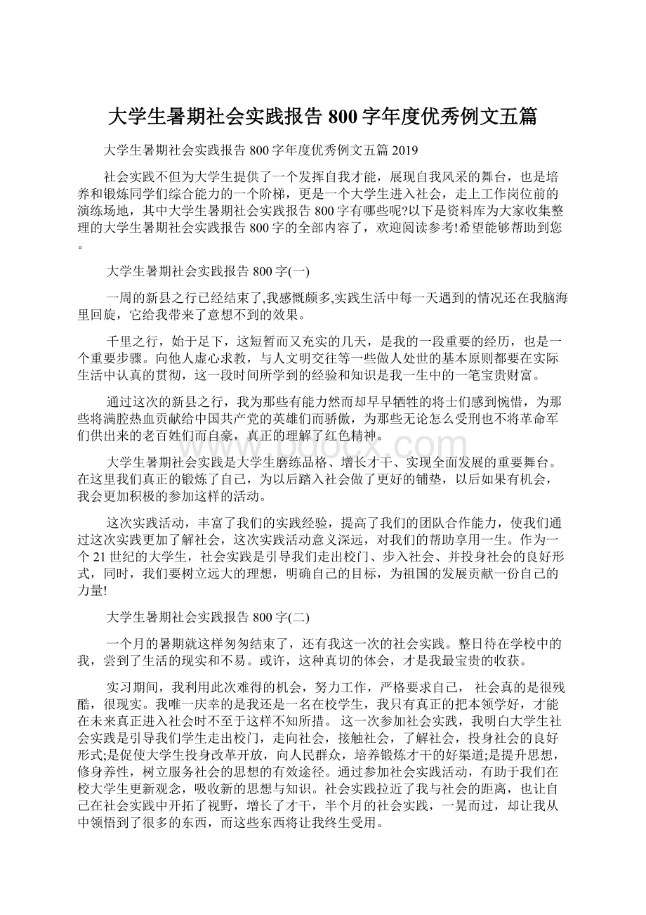 大学生暑期社会实践报告800字年度优秀例文五篇.docx