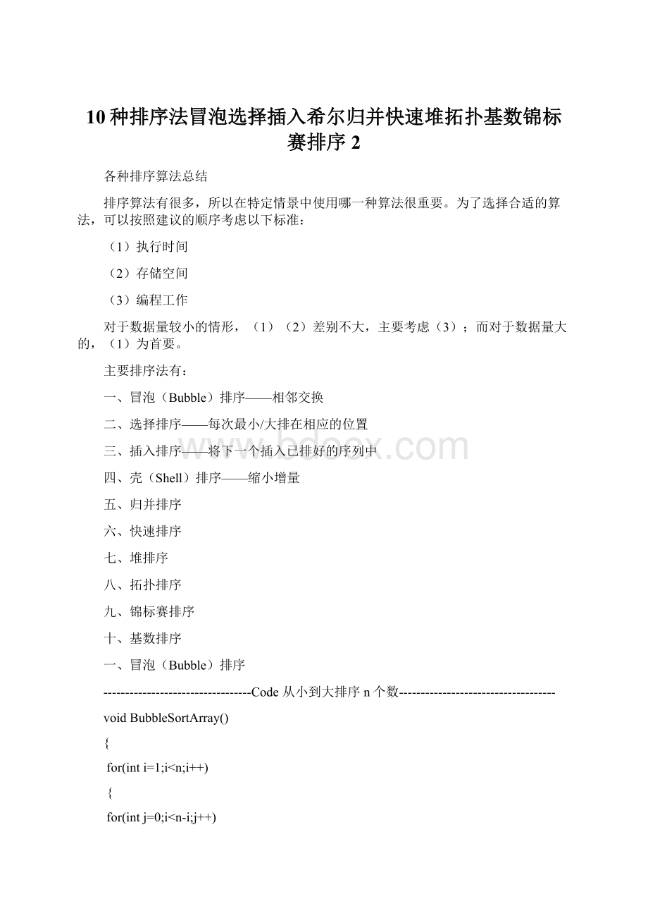 10种排序法冒泡选择插入希尔归并快速堆拓扑基数锦标赛排序 2Word文件下载.docx_第1页