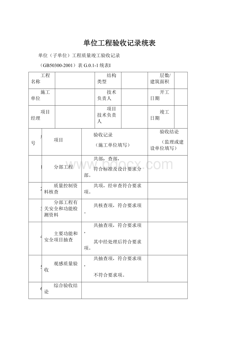 单位工程验收记录统表Word格式文档下载.docx_第1页