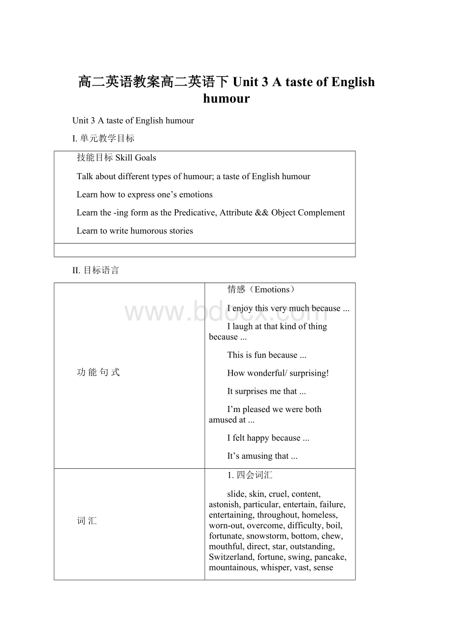 高二英语教案高二英语下Unit 3 A taste of English humourWord文档格式.docx_第1页