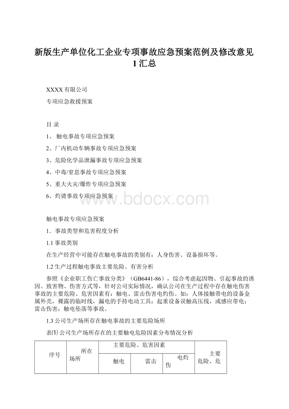 新版生产单位化工企业专项事故应急预案范例及修改意见1汇总Word格式文档下载.docx_第1页