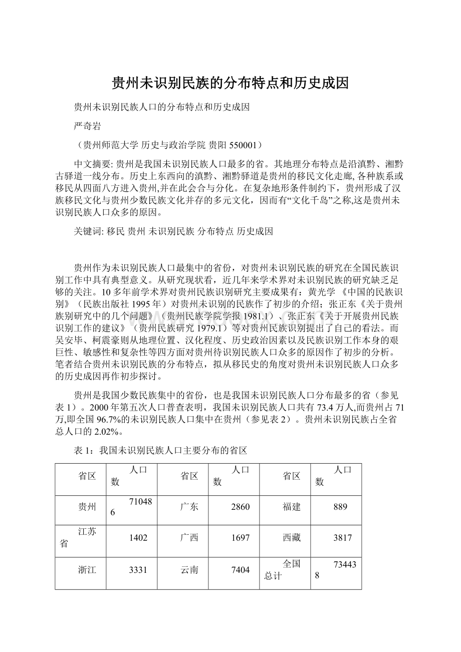 贵州未识别民族的分布特点和历史成因Word格式.docx_第1页