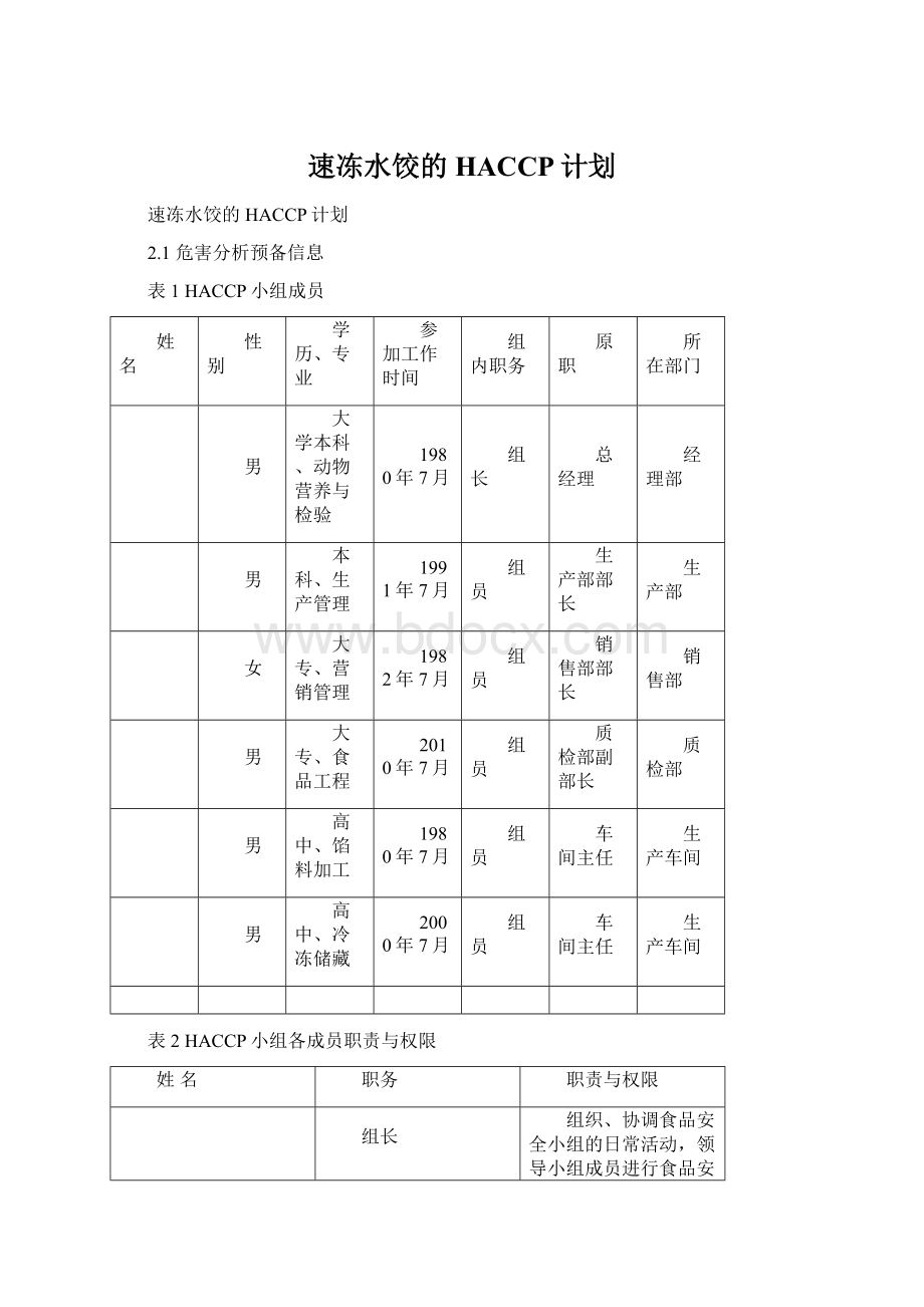 速冻水饺的HACCP计划Word文档格式.docx