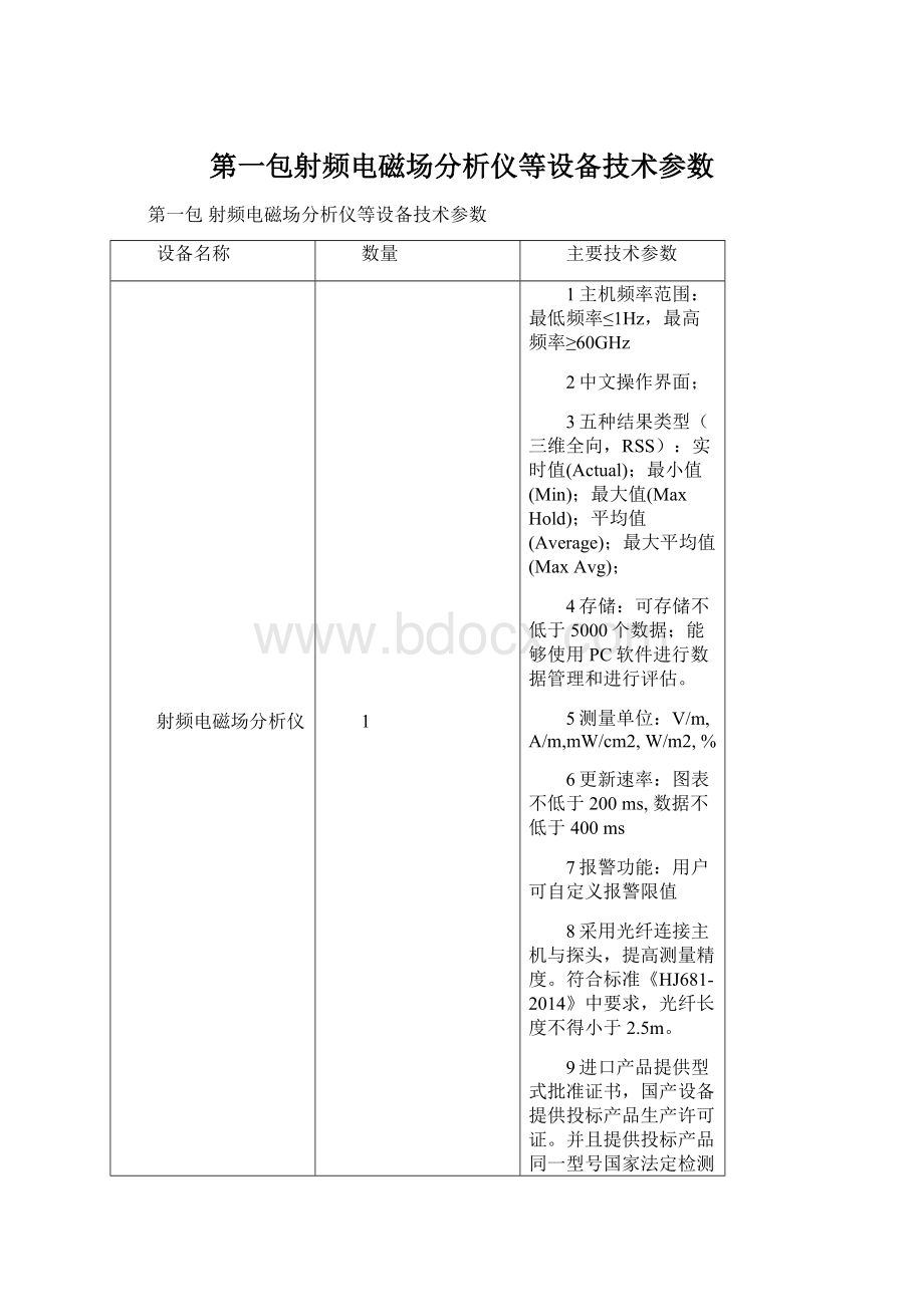 第一包射频电磁场分析仪等设备技术参数Word下载.docx_第1页