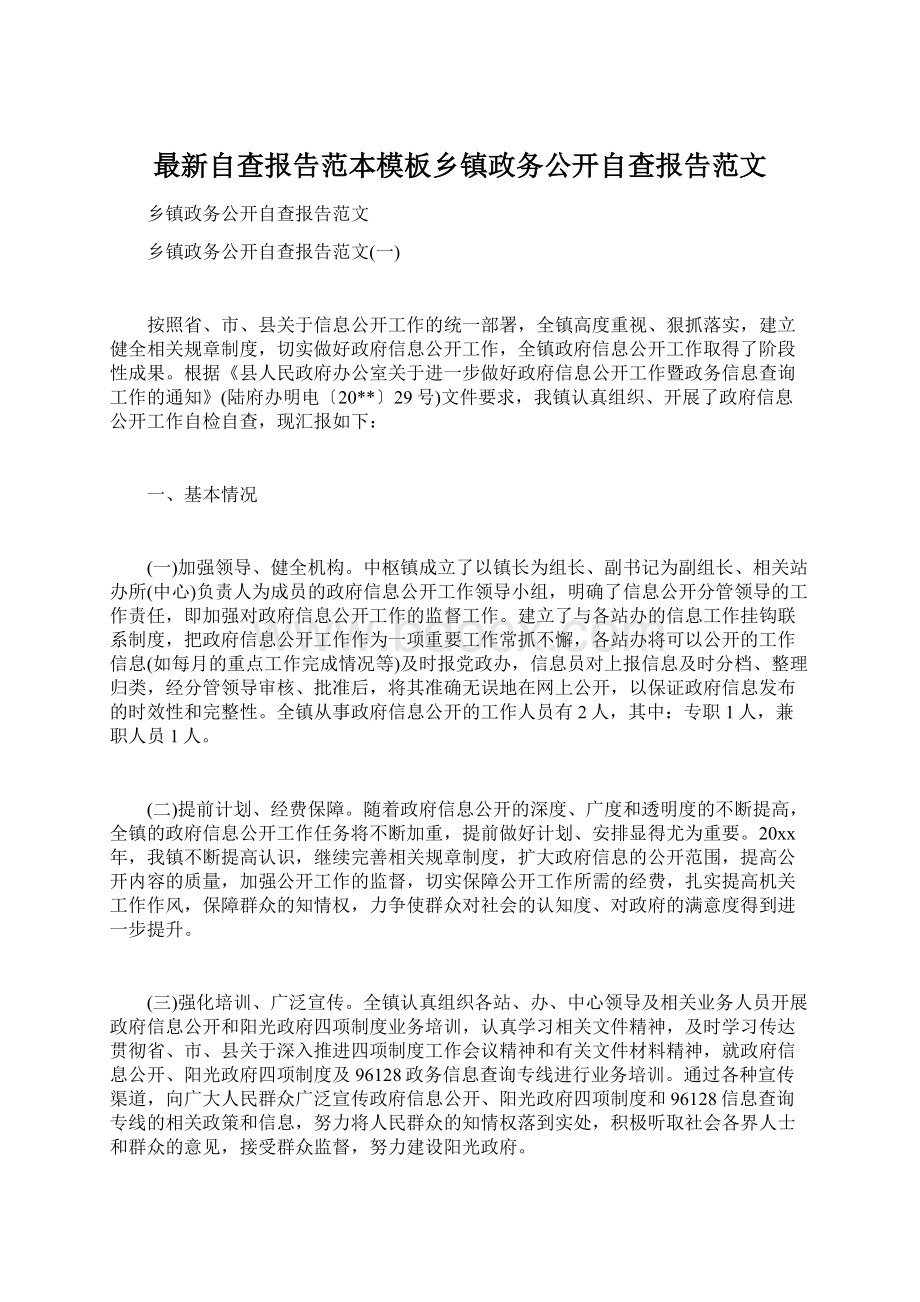 最新自查报告范本模板乡镇政务公开自查报告范文Word文档格式.docx_第1页