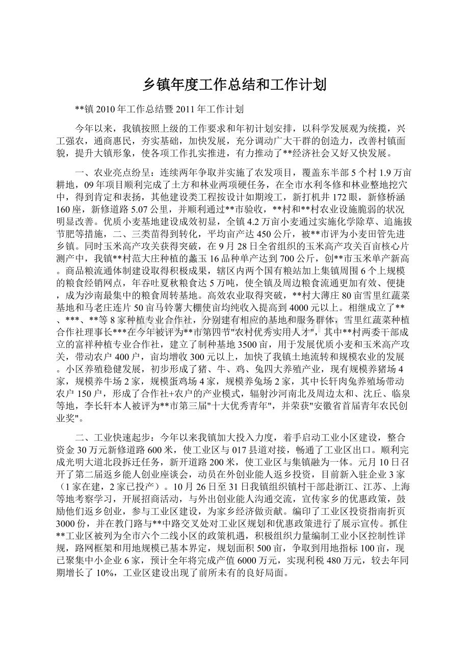 乡镇年度工作总结和工作计划.docx_第1页