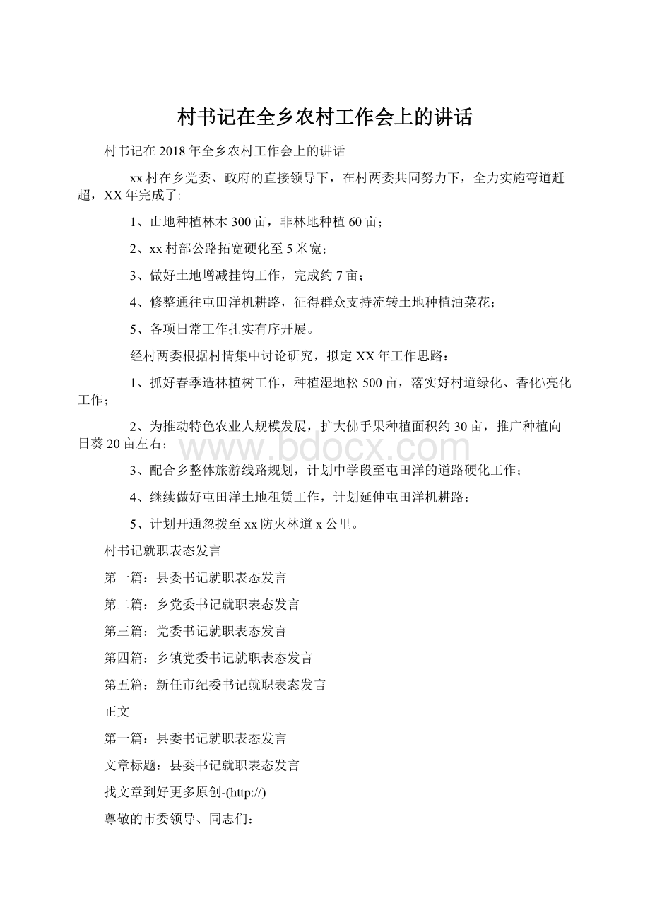 村书记在全乡农村工作会上的讲话Word文件下载.docx