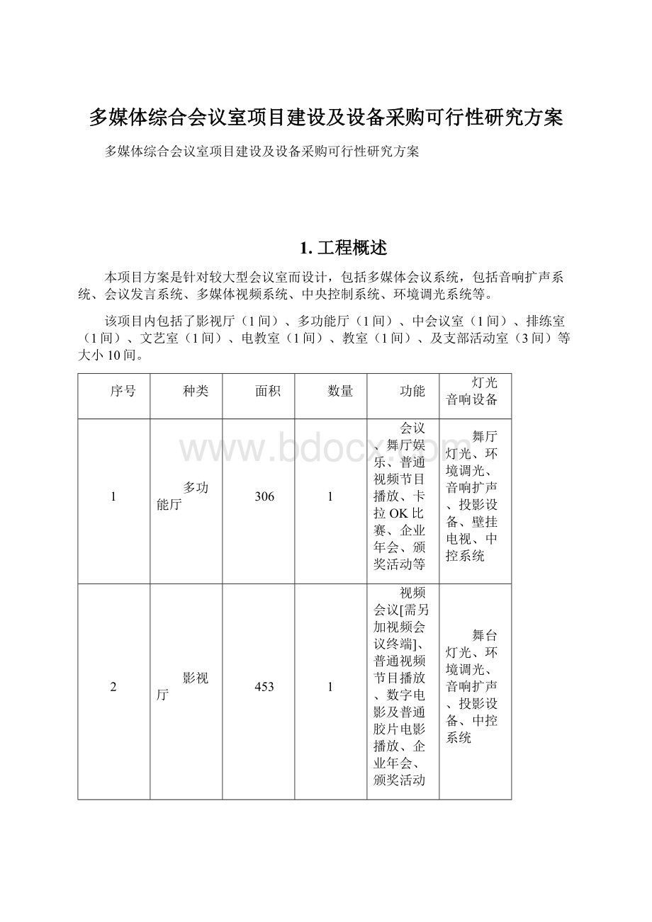 多媒体综合会议室项目建设及设备采购可行性研究方案Word下载.docx