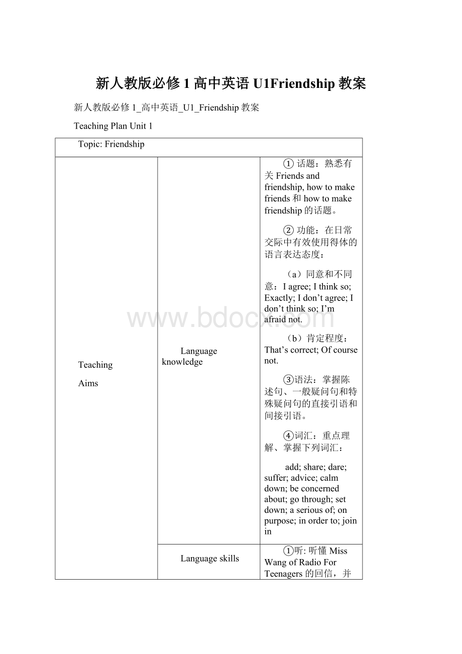 新人教版必修1高中英语U1Friendship教案.docx_第1页