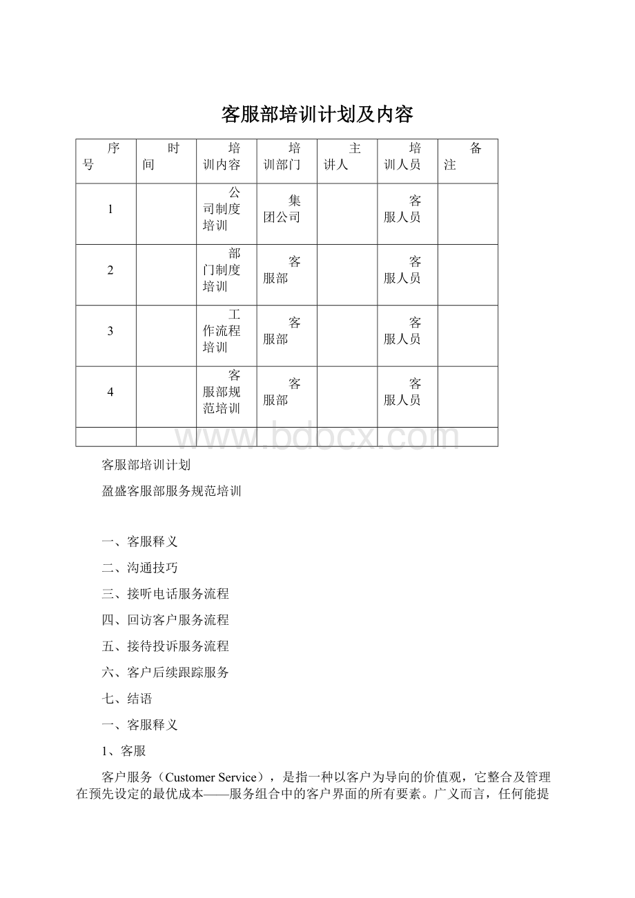 客服部培训计划及内容.docx