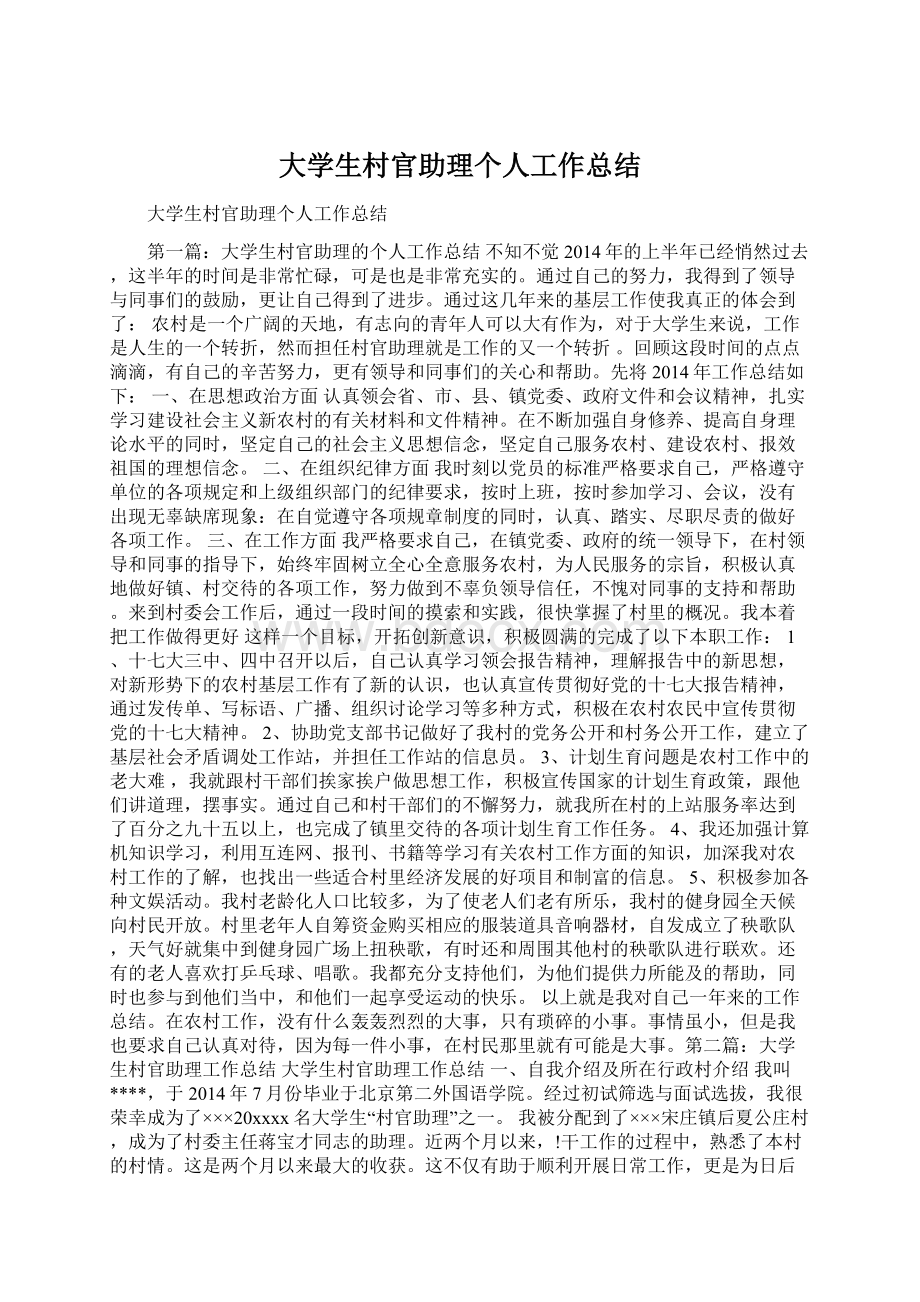 大学生村官助理个人工作总结文档格式.docx