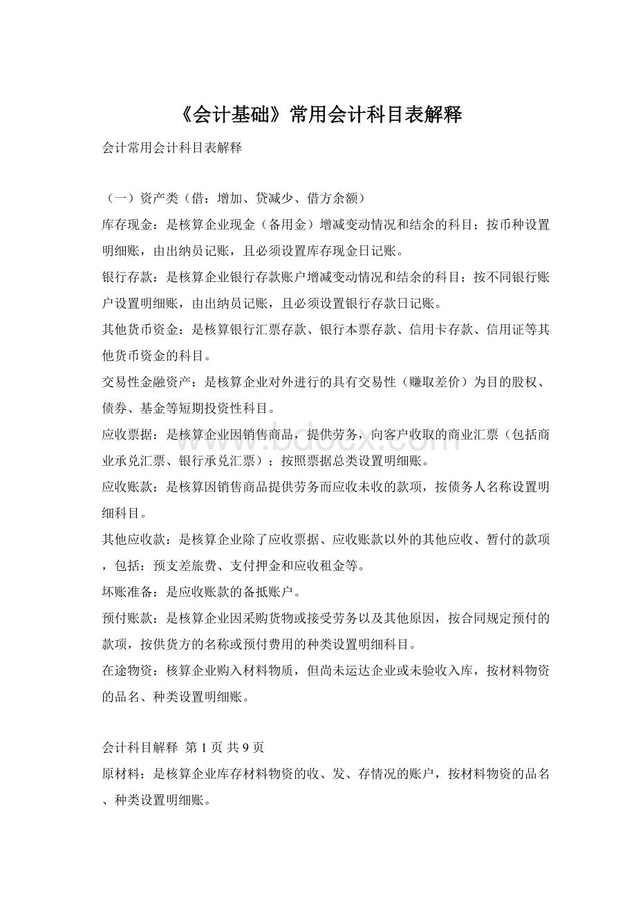 《会计基础》常用会计科目表解释Word格式.docx_第1页