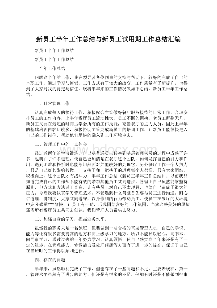 新员工半年工作总结与新员工试用期工作总结汇编.docx_第1页