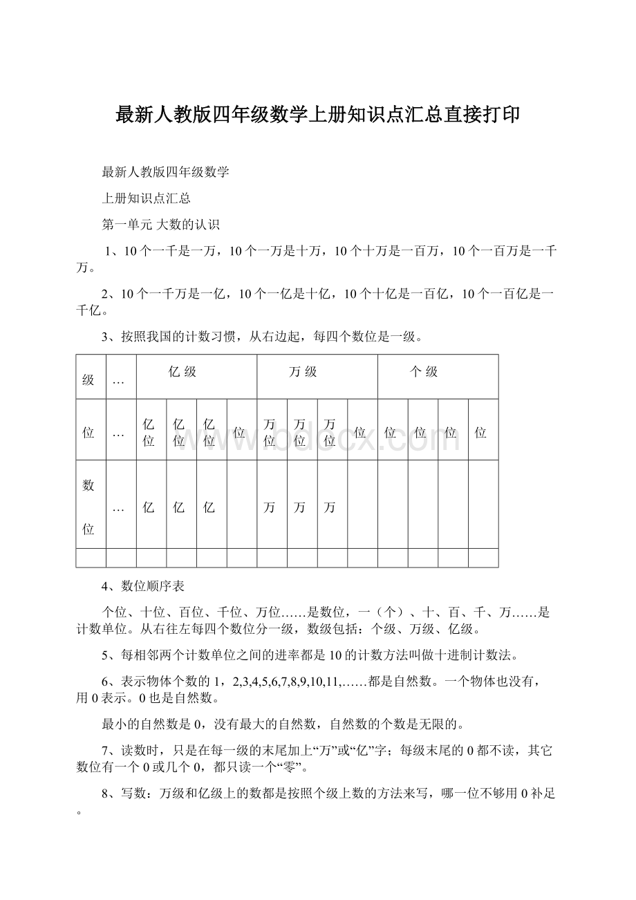 最新人教版四年级数学上册知识点汇总直接打印.docx_第1页