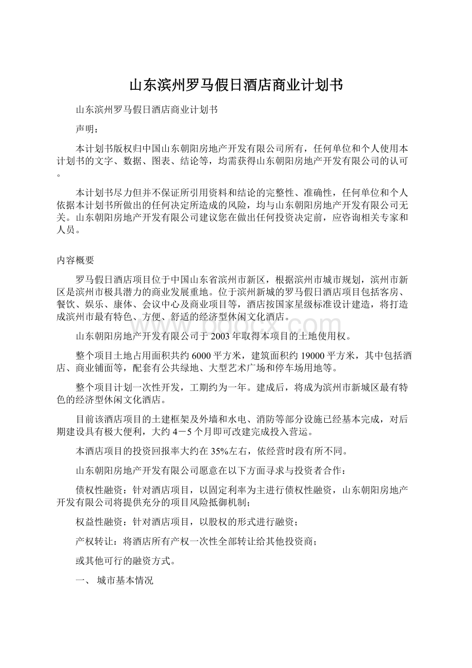 山东滨州罗马假日酒店商业计划书.docx_第1页