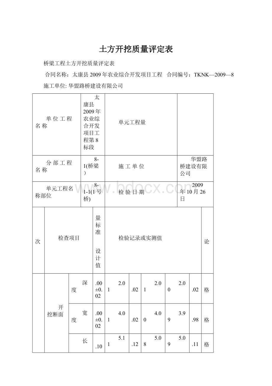 土方开挖质量评定表Word下载.docx_第1页