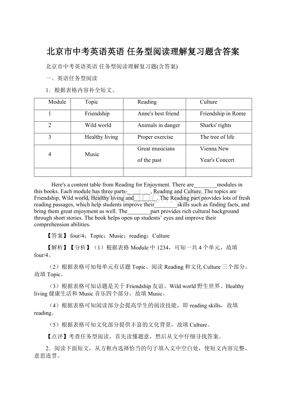 北京市中考英语英语 任务型阅读理解复习题含答案.docx