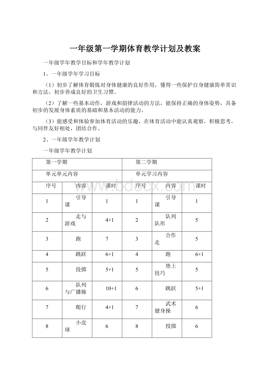 一年级第一学期体育教学计划及教案.docx_第1页