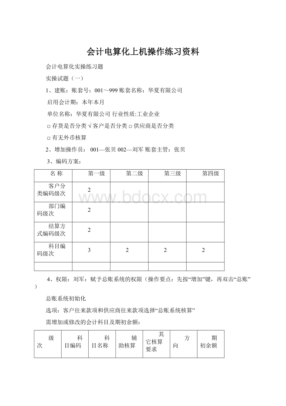 会计电算化上机操作练习资料文档格式.docx