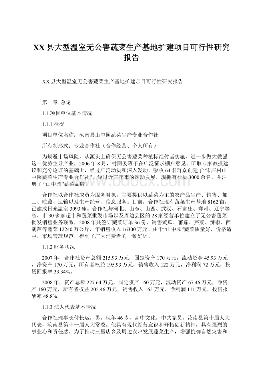 XX县大型温室无公害蔬菜生产基地扩建项目可行性研究报告.docx