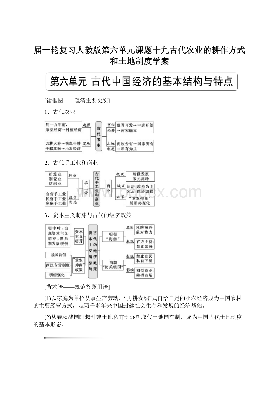 届一轮复习人教版第六单元课题十九古代农业的耕作方式和土地制度学案.docx