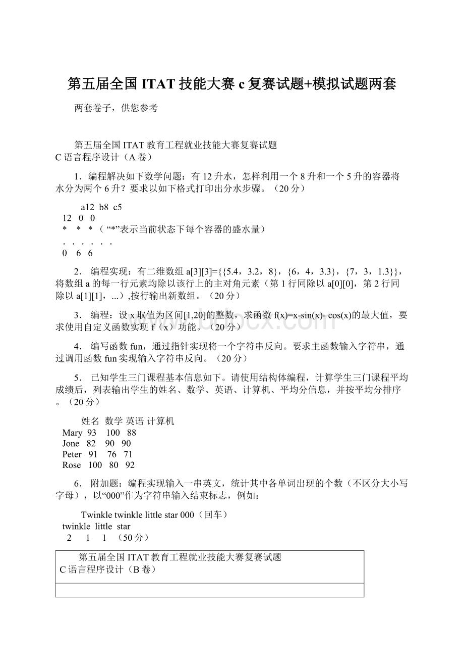 第五届全国ITAT技能大赛c复赛试题+模拟试题两套.docx