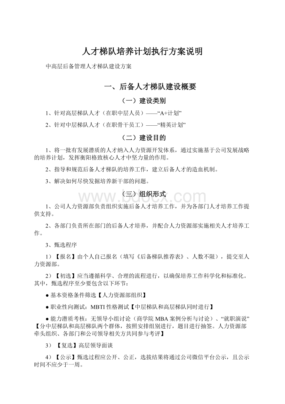 人才梯队培养计划执行方案说明Word文档格式.docx