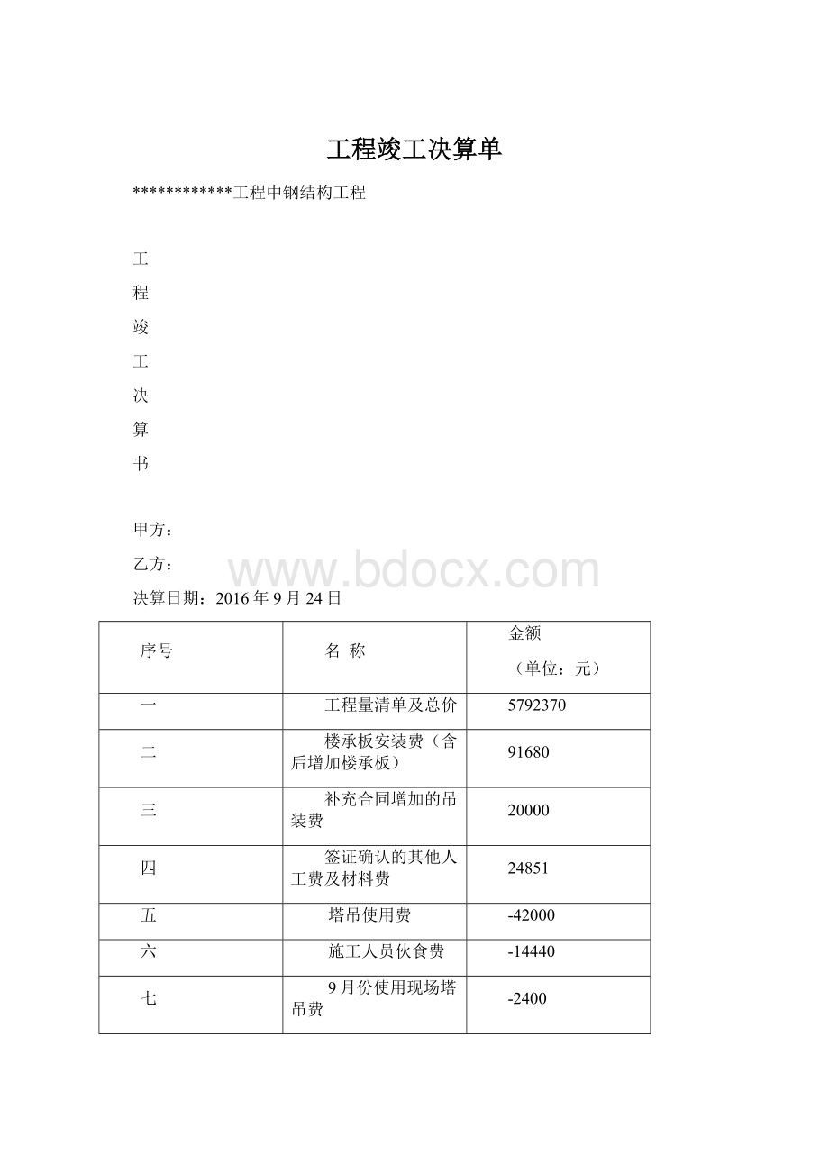 工程竣工决算单Word文件下载.docx_第1页