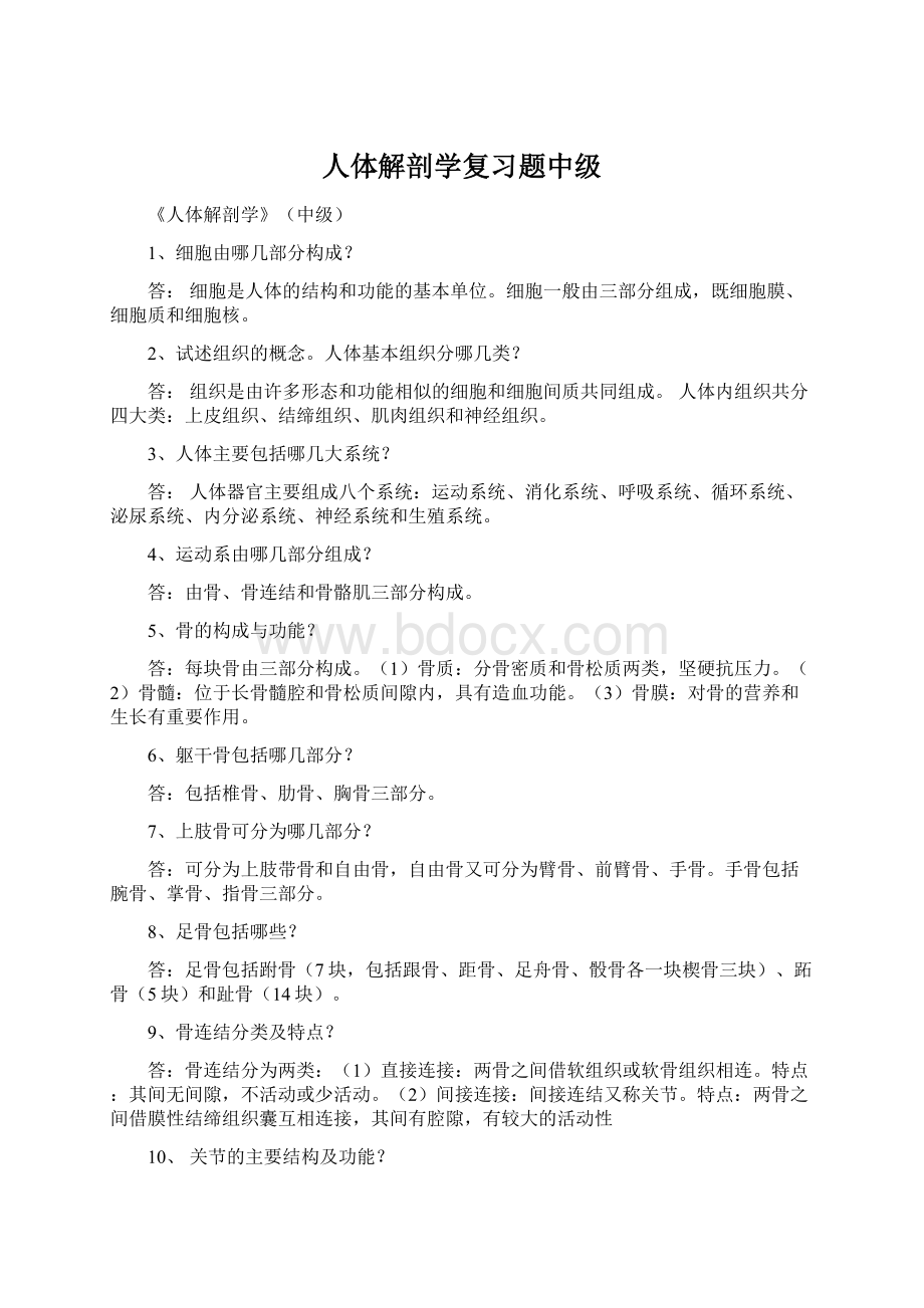 人体解剖学复习题中级Word文档格式.docx