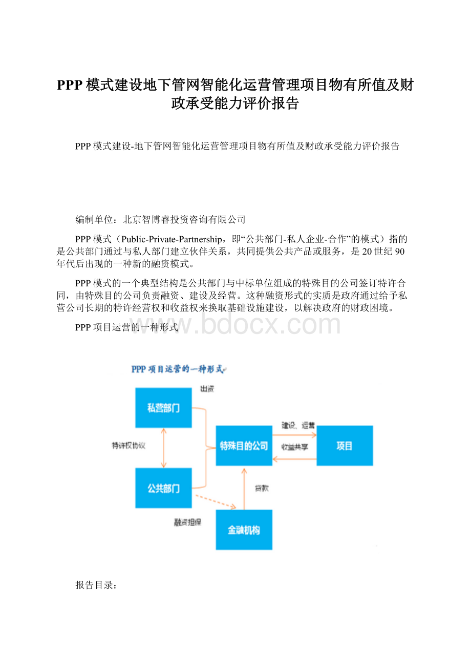 PPP模式建设地下管网智能化运营管理项目物有所值及财政承受能力评价报告.docx_第1页